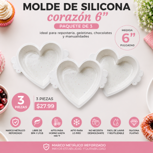 Paquete de 3 Moldes de Silicona Corazón 6” Reforzados para Horno
