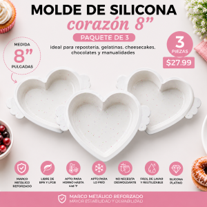 Paquete de 3 Moldes de Silicona Corazón 8” Reforzados para Horno